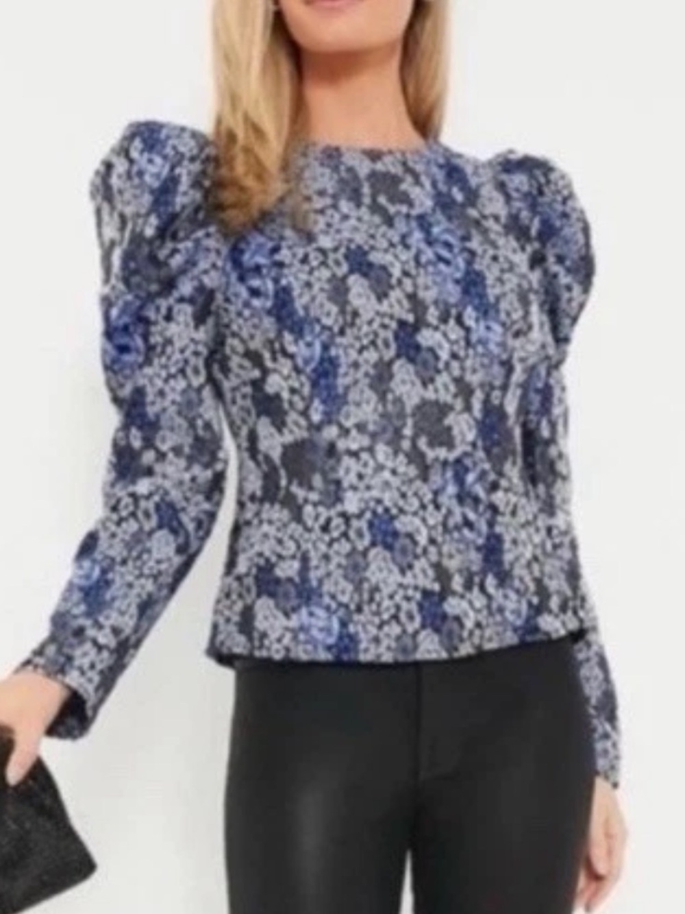 Hyacinth House Priscilla Puff Top Size Large Blue Floral Jaquard